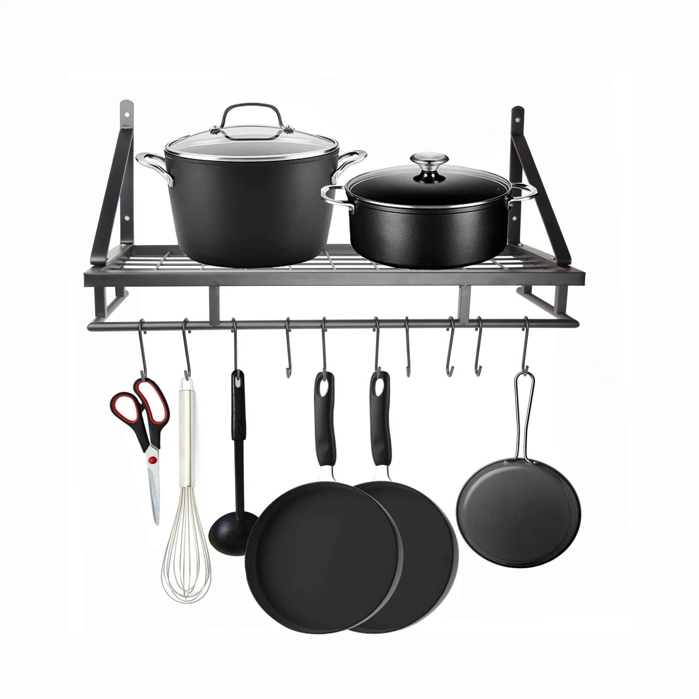 Wall Mount Pot Rack Storage Organizer 2 Tier Hanging Rails with 10 Hooks for Kitchen Cookware Utensils, Floating Shelves for Home Office