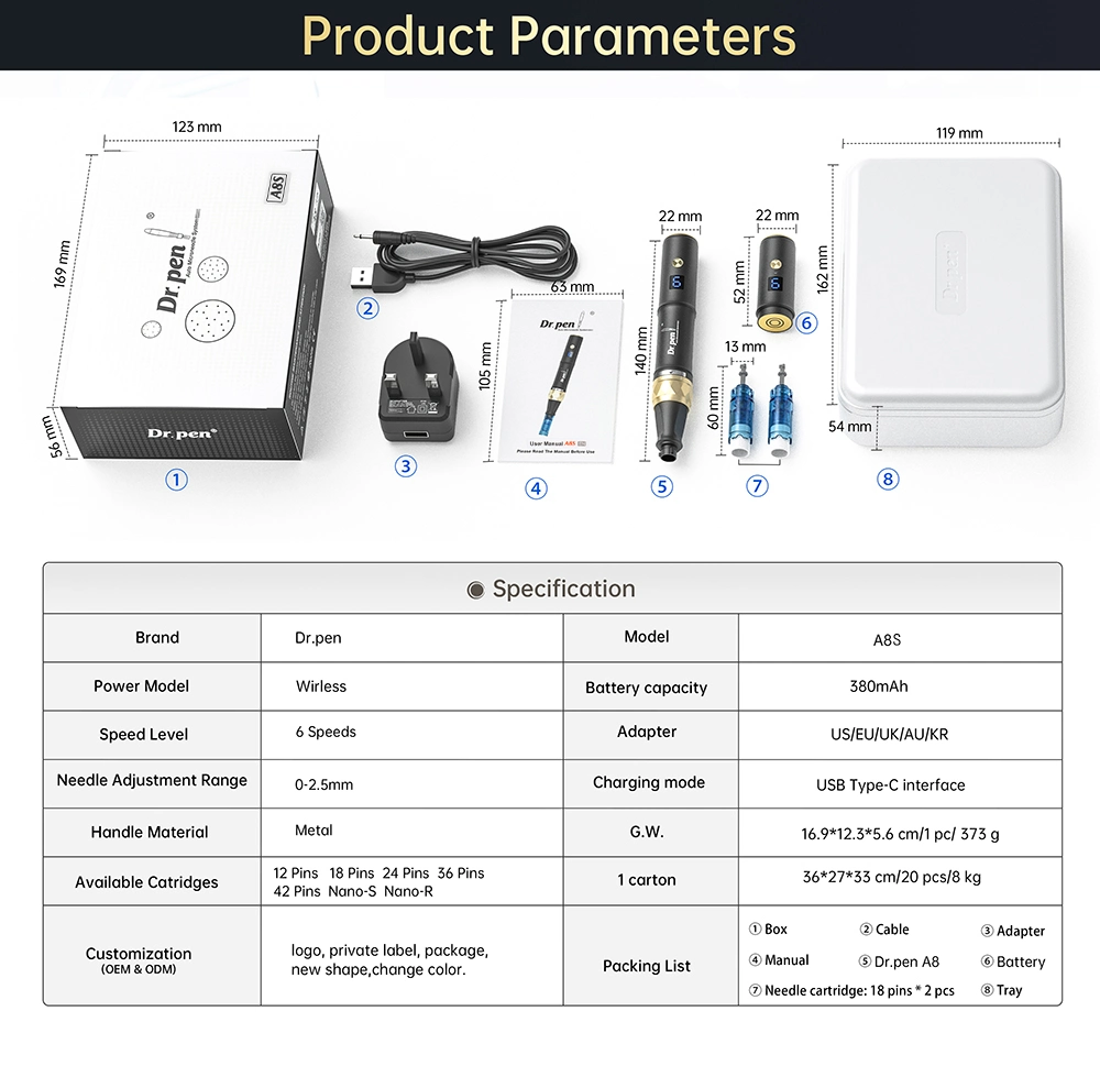 El modelo de actualización Dr Pen A8s Microneedling con batería baja Funciones de recordatorio pantalla LED de 6 niveles