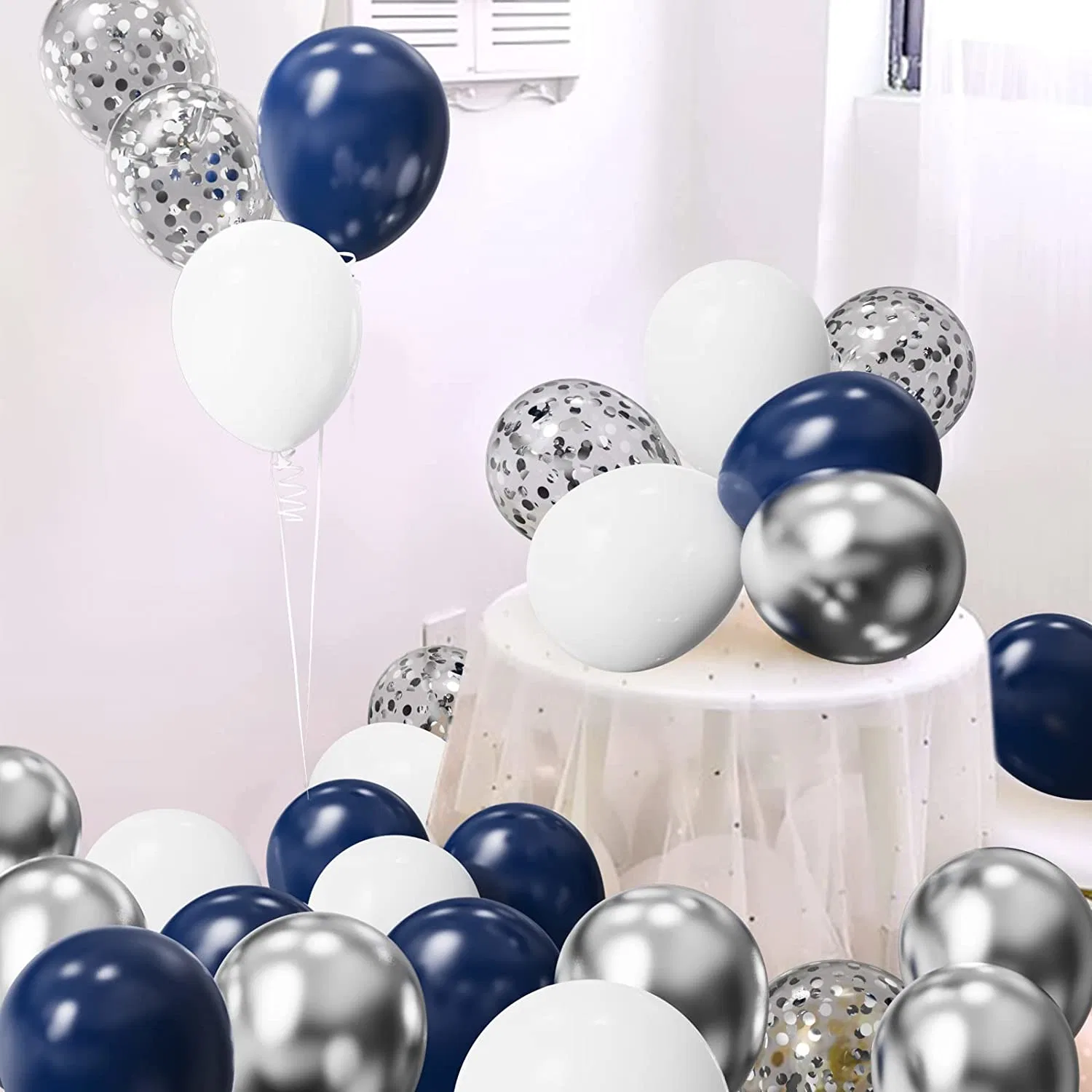 Azul marino blanco Silver Confetti globos Arco Kit,120 PCS 12en 10en 5en látex Garland Arcos Kit para la graduación, cumpleaños, boda, fiesta de aniversario Decoración