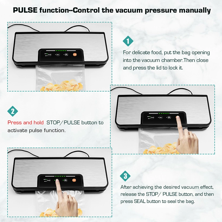 Vedante a vácuo Fashion Design. Modos de alimentos secos e húmidos. Cortador incorporado. Armazenamento em rolo. Função de impulso. Saída de ar externa.