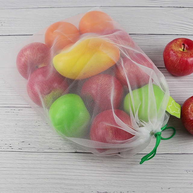 Custom White Shopping Fruits and Vegetables Packaging Reusable RPET Drawstring Mesh Bag