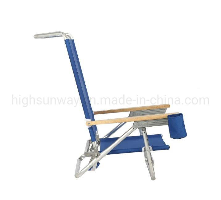 Fashionable Stylish Folding Chair, Aluminum Beach Chair with Wooden Armrest, Camping Chair with Lower Seat and Back Hand Holder