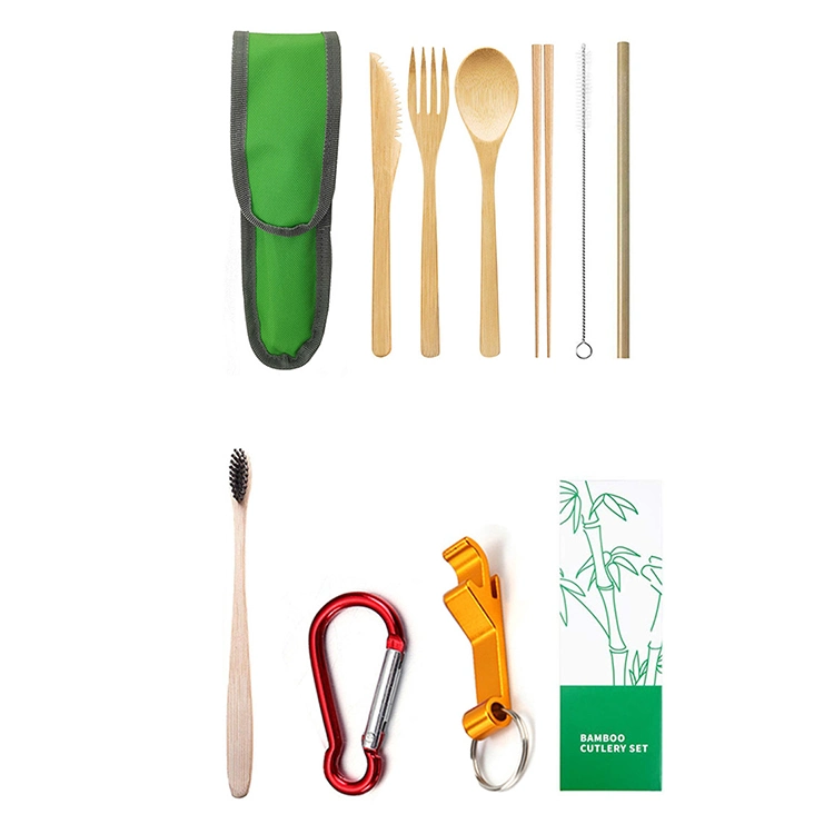 Eco Friendly Bamboo Fork Knife Spoon Straw Biodegradable Travel Utensil Set Pouch Bamboo Cutlery Set