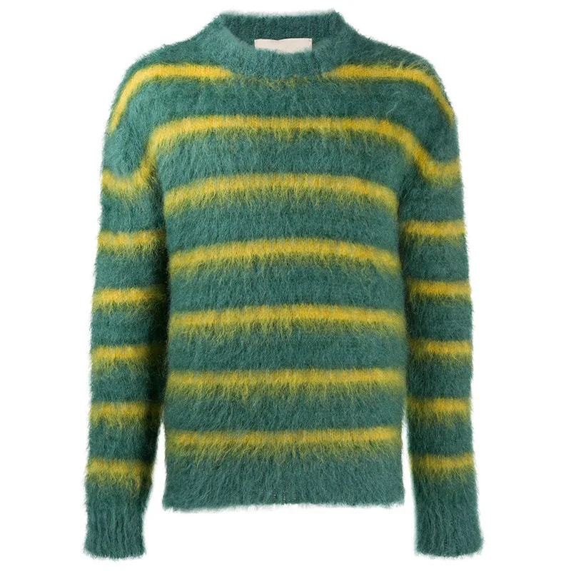 Custom OEM & ODM Men Sweater Mohair Fuzzy Jacquard Knit Pullover Knitwear Long Sleeve Knitted Sweater Mens