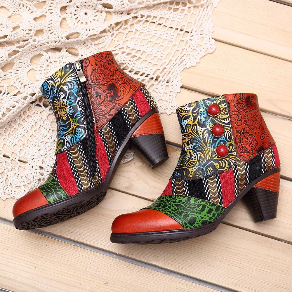 Lady&prime; S Embossed Handmade Leather Footwear Women Floral Pattern Bohemian Vintage Colorful Boots