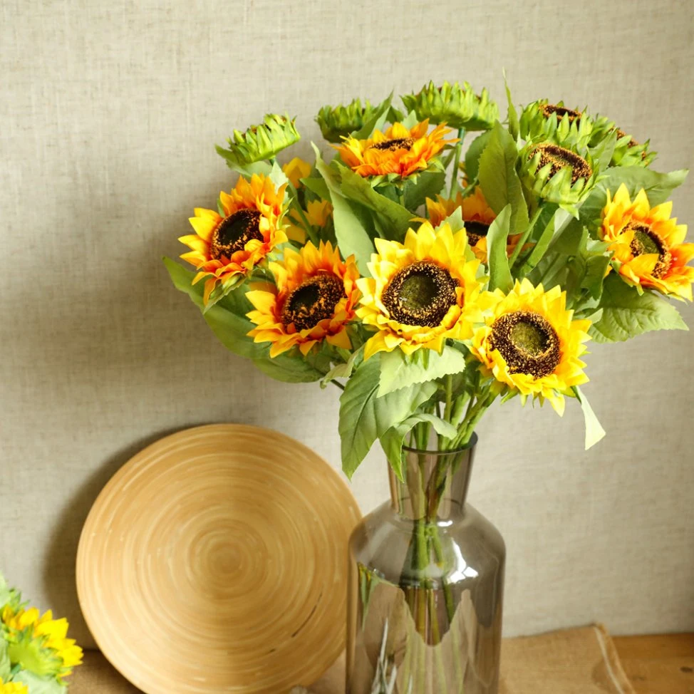 Mariage de l'artisanat 3 Fleurs artificielles de tournesol fabricant de gros de plantes vertes Ins décoration de fleurs de simulation transfrontières