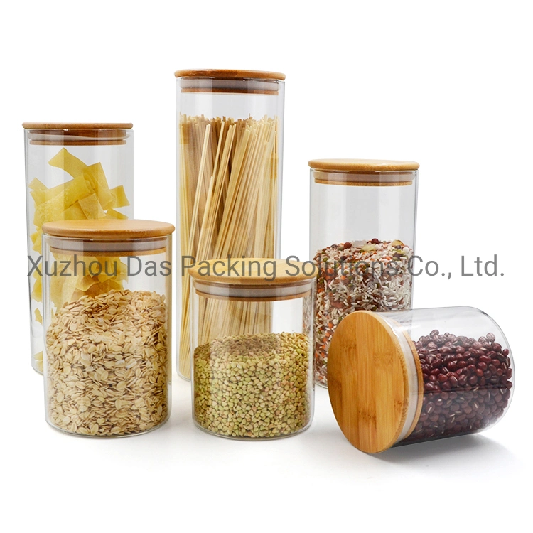 All Sizes Wooden Lid Straight Sided Round Borosilicate Glass Food Storage Spice Jar for Sugar Cookies Candy Spaghetti