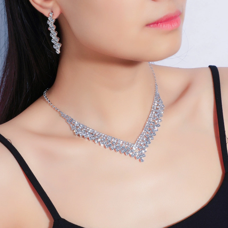Yp179 Exquisite Simple Full Diamond Clavicle Necklace Earring Wedding Accessory