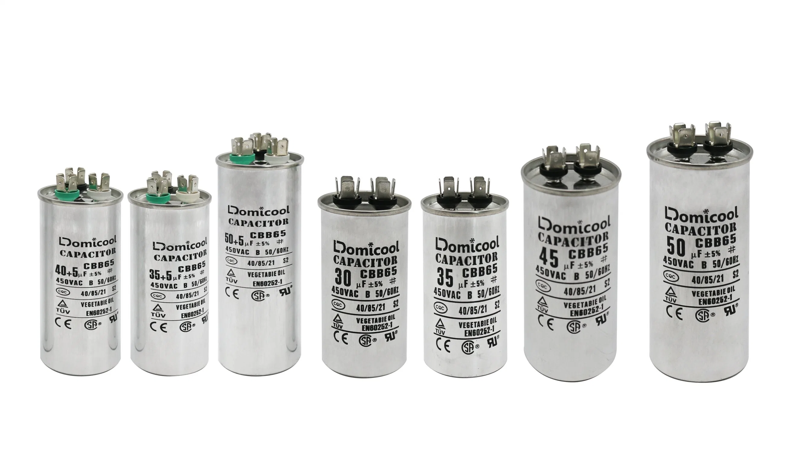 Cbb65 AC Capacitor de arranque del motor 20UF 25UF 30UF 35UF 40UF 50UF 450VCA Condensador de película