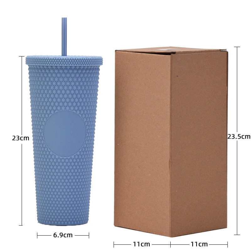 Coffee Mug Plastic Cup 710ml UV Colors Double Wall 24oz Studded Tumbler with Straw