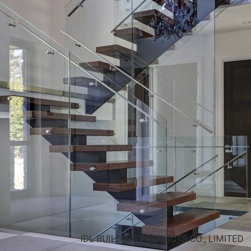 La decoración del hogar personalizadas escalera flotante el diseño de interiores Escalera recta con pasamanos de Cristal transparente templado prefabricados y mármol/vidrio y madera pasos