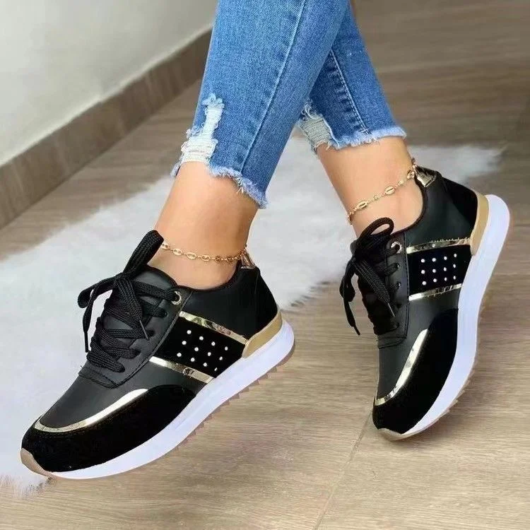 Fashion Female Leisure Sports Shoes New Round Toe Chunky Sole Color Matching Breathable Non-Slip Lace-up Casual Running Shoes For Women