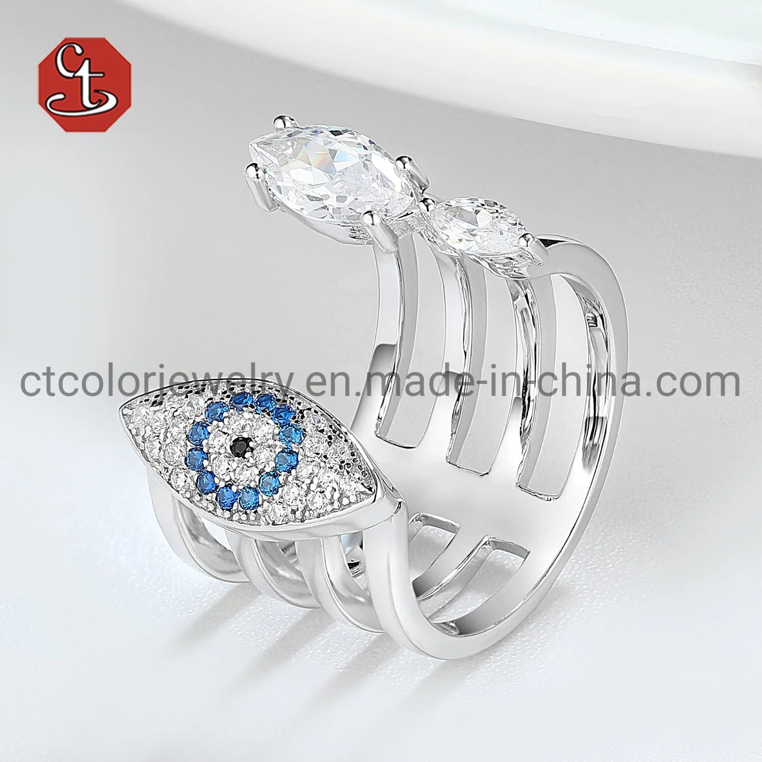 Fashion Jewelry Opening Evil Eye Silver Ring Color Cubic Zirconia Stones or Brass Ring Jewellery
