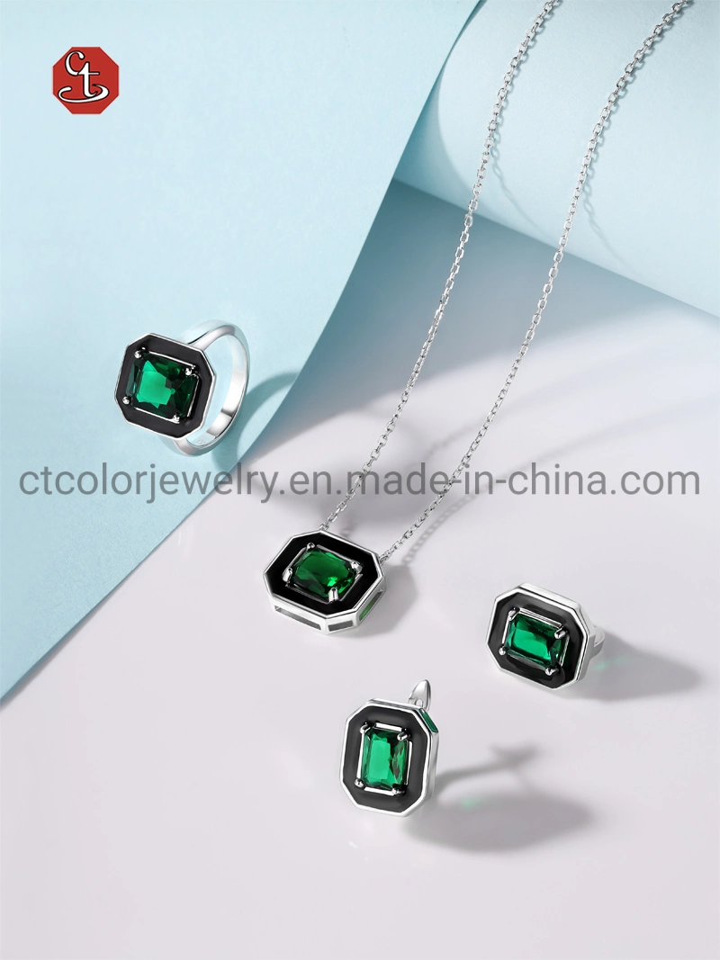 Fashion Jewelry Green Stone 925 Sterling Silver Gold Black Enamel Luxury Rings Earrings Necklace Jewelry Set