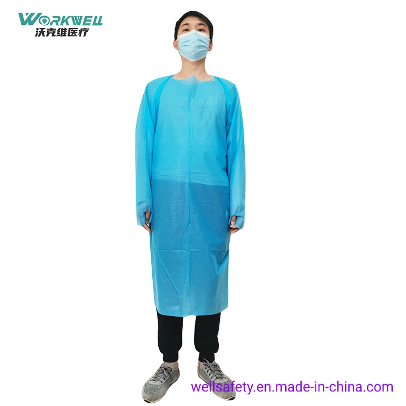 AAMI Level 2 CPE Disposable Gown with Long Sleeves 55g Washable Blue Plastic Aprons for Hospitals Waterproof CPE Surgical Gown En14126