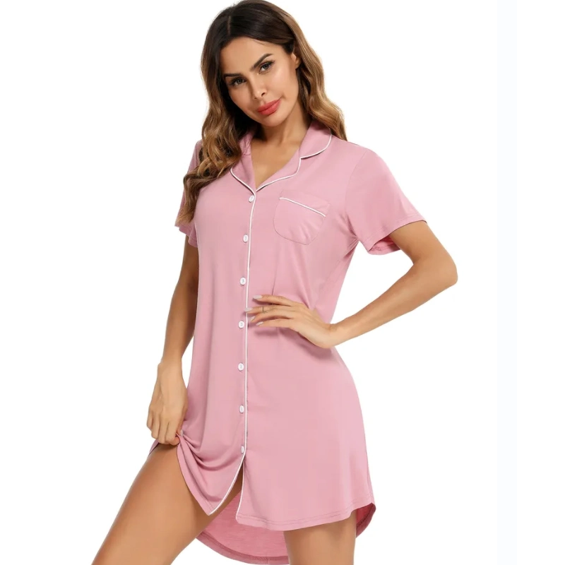 Lady Nightdress Short Sleeve Pajama Breathable Bamboo Fiber Sleep Dress