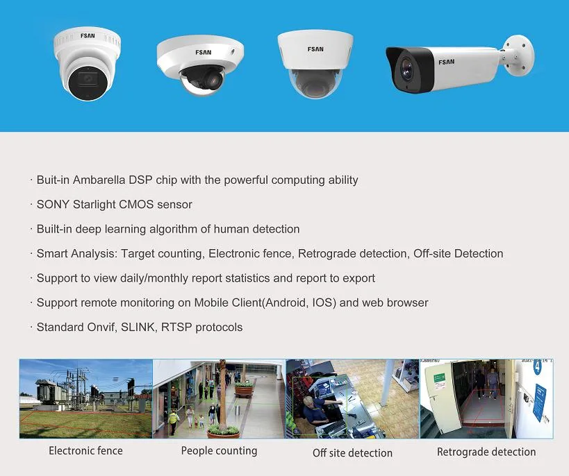 Fsan 2MP Ai Segurança Inteligente Câmara IP com suporte para detecção de contagem de pessoas IP CCTV Câmara Dome IP Onvif66 Poe