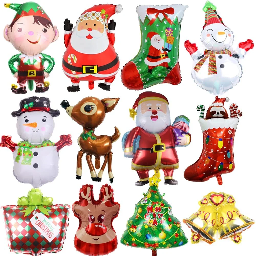 12 piezas de la Navidad Adornos de parte de los globos de foil - Santa Reno muñeco de nieve Elk Árbol de Navidad Decoración de globos para el tema de invierno Navidad Cumpleaños Baby Shower Ho