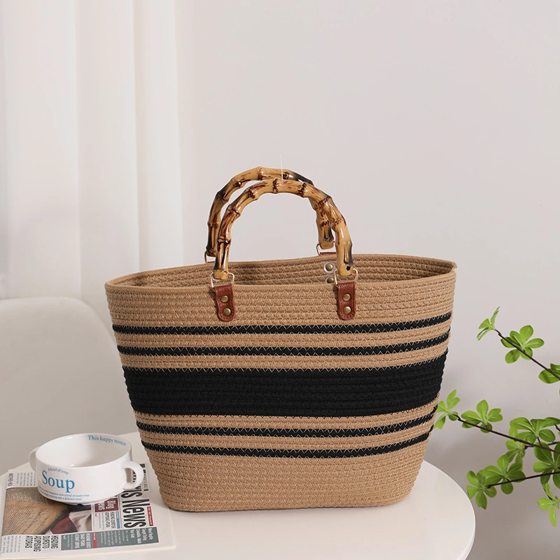 Striped Large Capacity Cotton Yarn Braided Bag New Imitation Bamboo Section French Retro Grass Braided Bag Portable Beach Bag Women&prime; S Bag