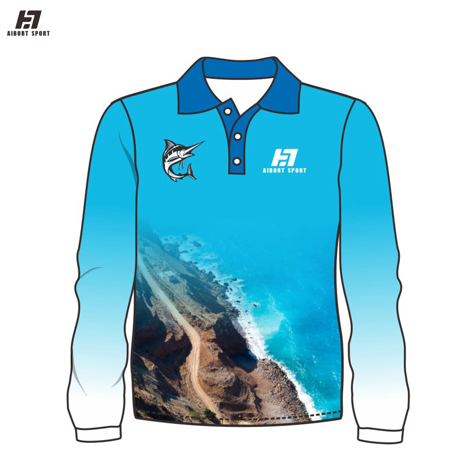Aibort Custom Printed 100% Polyester Performance Long Sleeve Upfbreathable Fishing Hooded Shirts for Men Fishing Wear