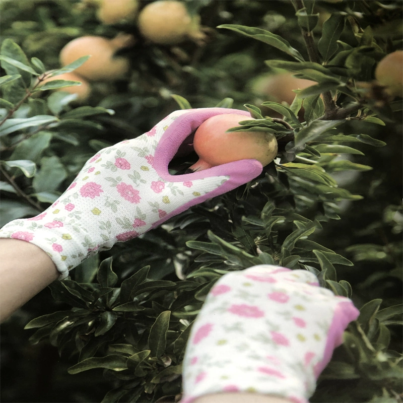 Precios bajos de propósito general Guantes con recubrimiento de PU la impresión de flores jardinería de la mujer guantes de seguridad