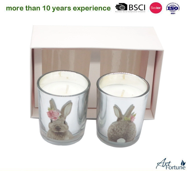 Set of 2 Electroplate Glass Candle with Decal Paper in Gift Box for Home Decora