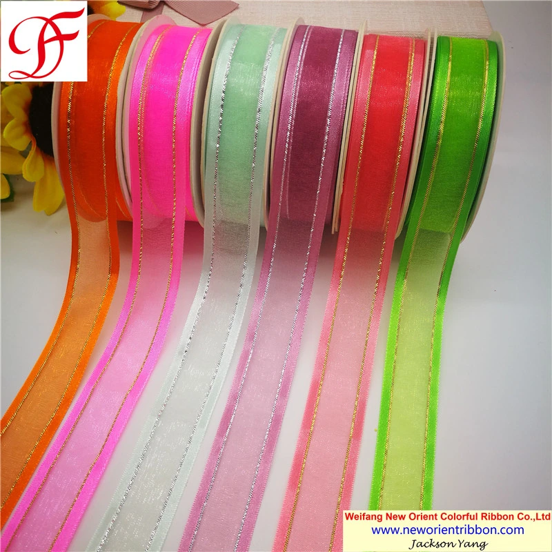 100% Nylon Satin Edge Organza Ribbon with Metallic Trims for Wrapping/Decoration/Xmas/Bows/Garment/Gift Decoration