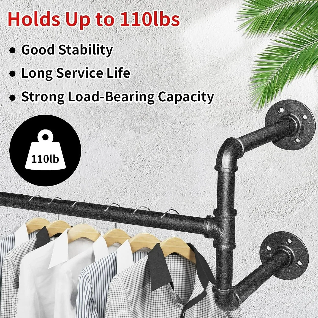 Industrial Pipe Clothing Rack Wall Mounted Clothes Rack Metal Commercial Garment Bar for Laundry Room Deco