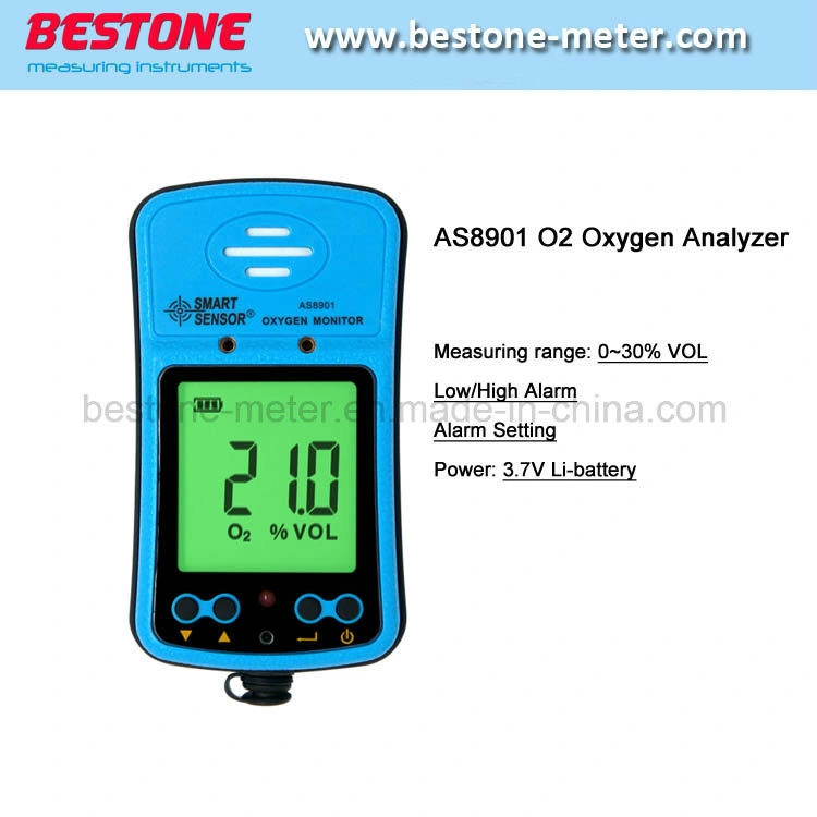 Handheld O2 Meter High Low Alarm Setting Digital Oxygen Gas Detector As8901