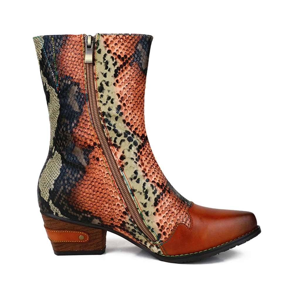 Lady&prime; S Vintage Laser Snake Pattern Booties Handpainted Leather Fashion Boots