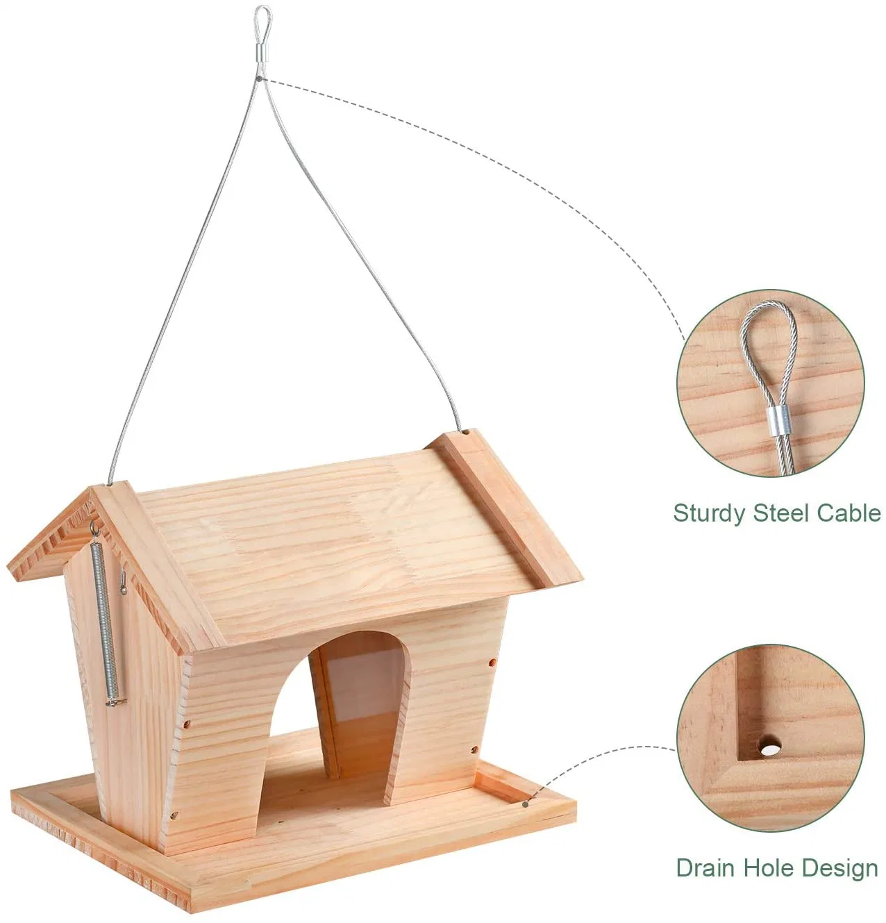 Mangeoire à oiseaux sauvages Birdhouse en bois pour l'extérieur, grande suspension avec Orifices de vidange