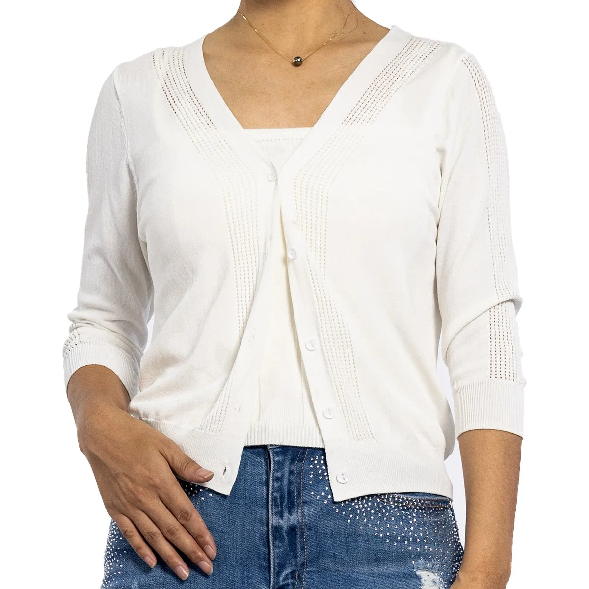 De la mujer con cuello en V la parte superior de malla hueco MANGA 3/4 suéter ligero blanco Cardigan de verano