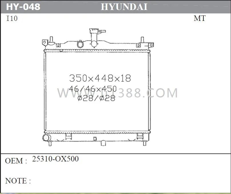 Radiateur de voiture en aluminium pour Hyundai I10 (OEM : 25310-OX500)