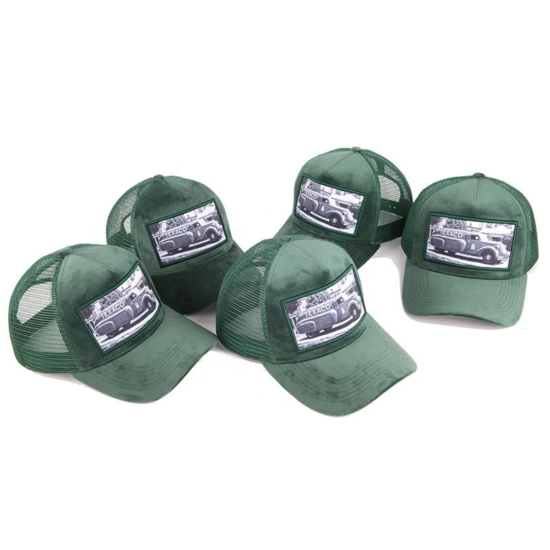 Mens Mesh 5 panneau personnalisé camionneur Patch brodé Gorras Cap Applique un camionneur de velours de chapeaux