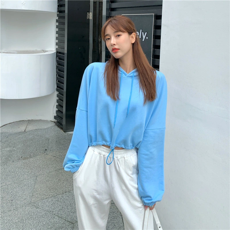 Spring 2022 Korean Version of The New Drawstring High Waist Short Navel Loose Fashion Ins Casual Hooded Sweater