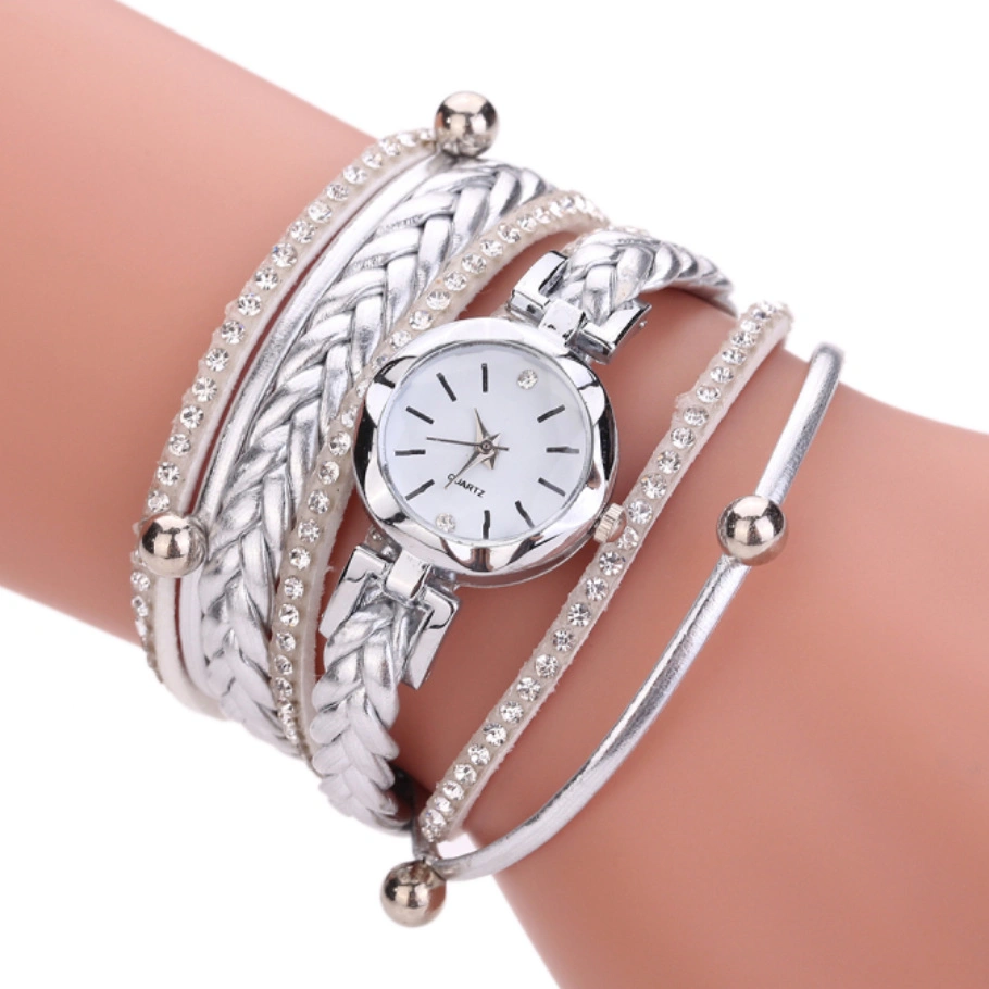 Multi Strap Wrap Around Bracelet Watch Analog Quartz Dress Wrist Watches Diamond Lined Braided Leather Strap Fashion Watches Esg13633