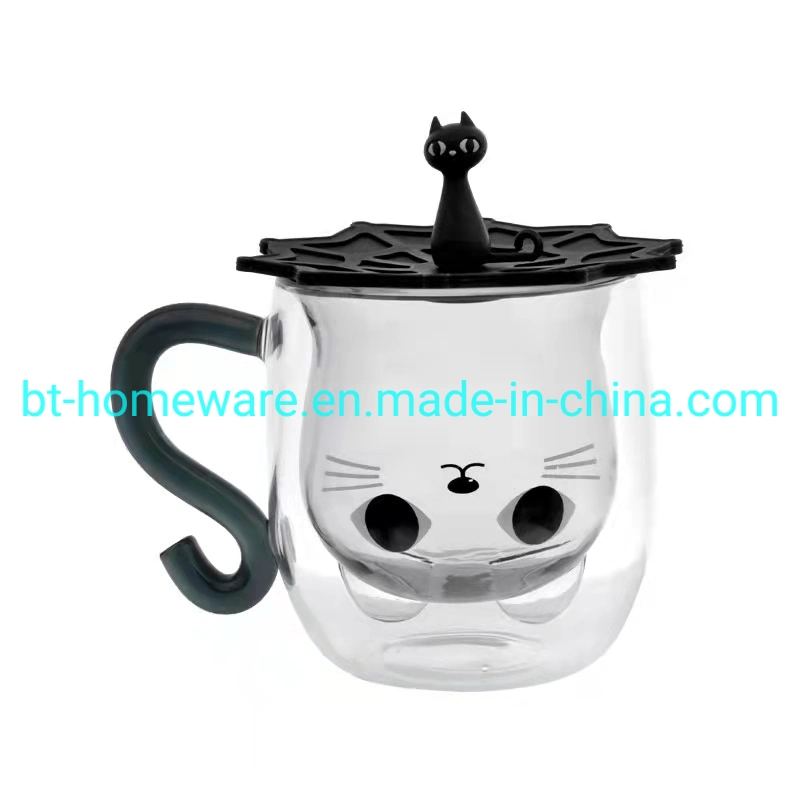 Wholesale/Supplier 350ml 11.5oz Creative Design Glass Black Cat Double Glass Water Milk Mug Thermal Insulation and Anti-Scald for Family Breakfast Cup