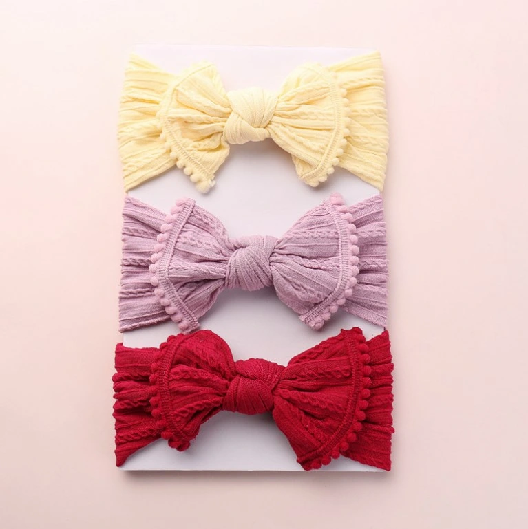 Fashion Wide Jacquard Baby Hairband Bowknot Hairy Ball Side Hairdband Cute Hair Accessories for Girls