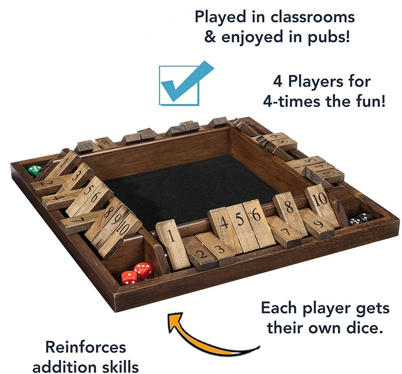 Original Wooden Shut The Box Dice Game Classic 4 Sided Wooden Board Game