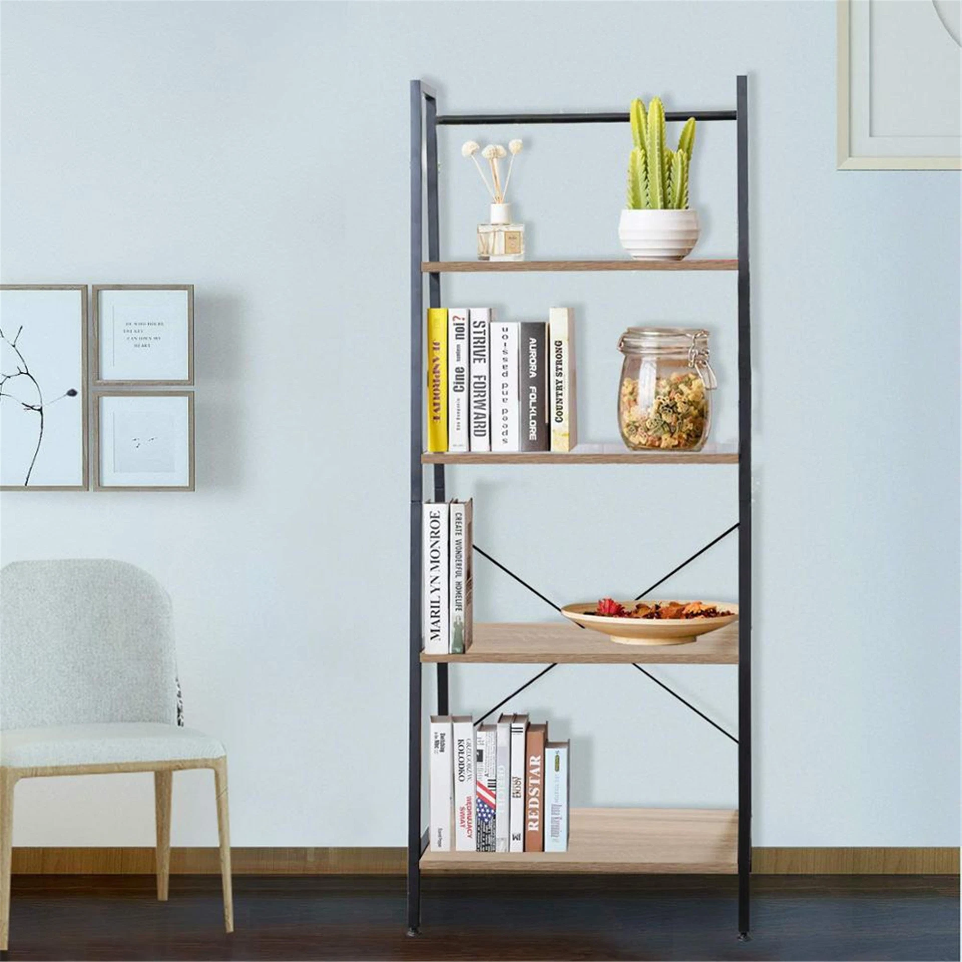 4 Tier Wooden Ladder Bookshelf Metal Frame Industrial Bookshelf Display Rack