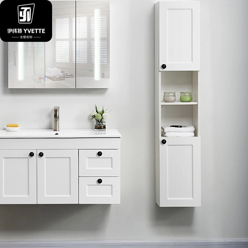 Meuble-lavabo suspendu en bois multicouche avec film PVC blanc pour rangement de salle de bains.