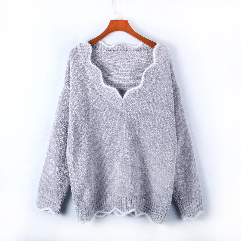 Autumn Solid V Neck Knitted Woman Sweater, Cute Ruffled Long Sleeve Causal Pullover