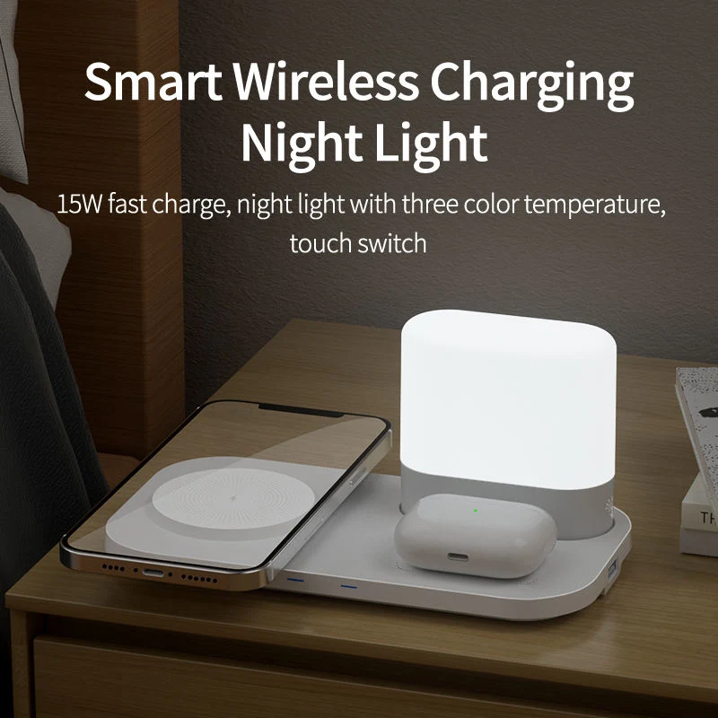 Newest Multi-Functional Smart 3 in 1 Illuminated Wireless Charger 15W Portable Mobile Phone Quick Wireless Charging with Night Light