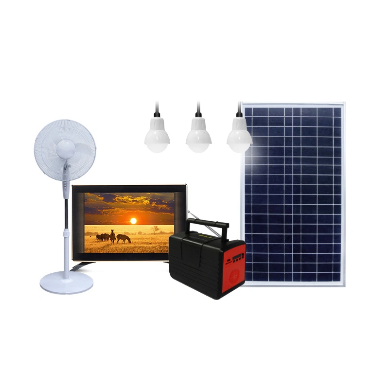 بإمكان نظام الإضاءة الشمسية بقدرة 20 واط/30 واط مع FM/MP3 تشغيل التلفاز و إضاءة منزلية للمروحة وشحن الهاتف