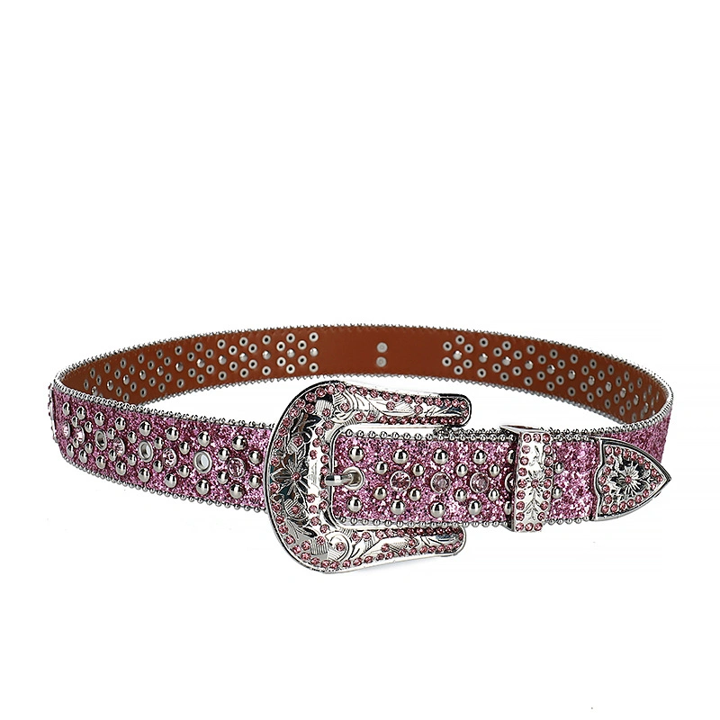 Attractive Pink Bling Bling Rhinestone Belt Western Female Belt Crystal Diamond Studded Wholesale Leather Belt for Girl