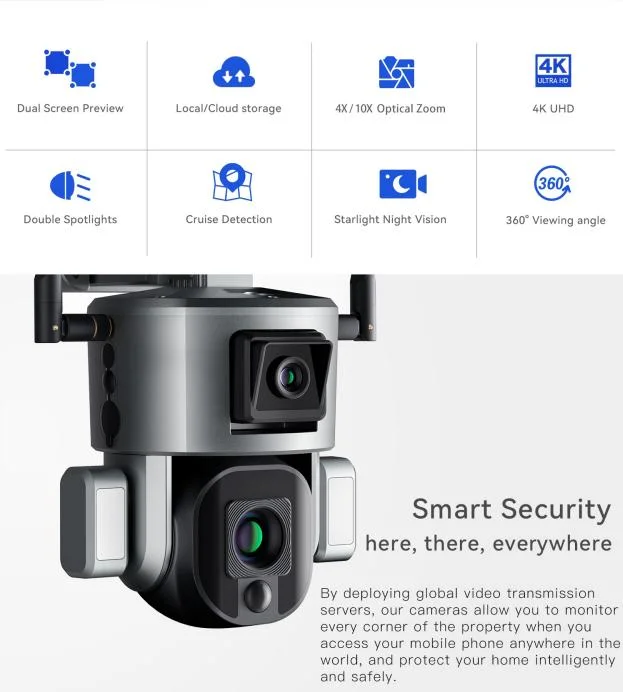 Dual Lens Auto Tracking 360&deg; PTZ WiFi Outdoor Security Camera, Ai Motion Detection, Floodlight & Sound Alarm