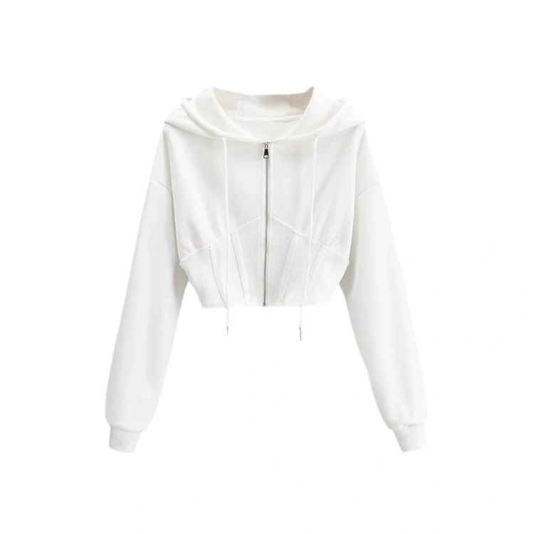 Spring New Ultra Short Style Waist Closed Fish Bone Long Sleeve Leisure Cardigan Top Sports Hooded Zipper Hoodie Coat Female