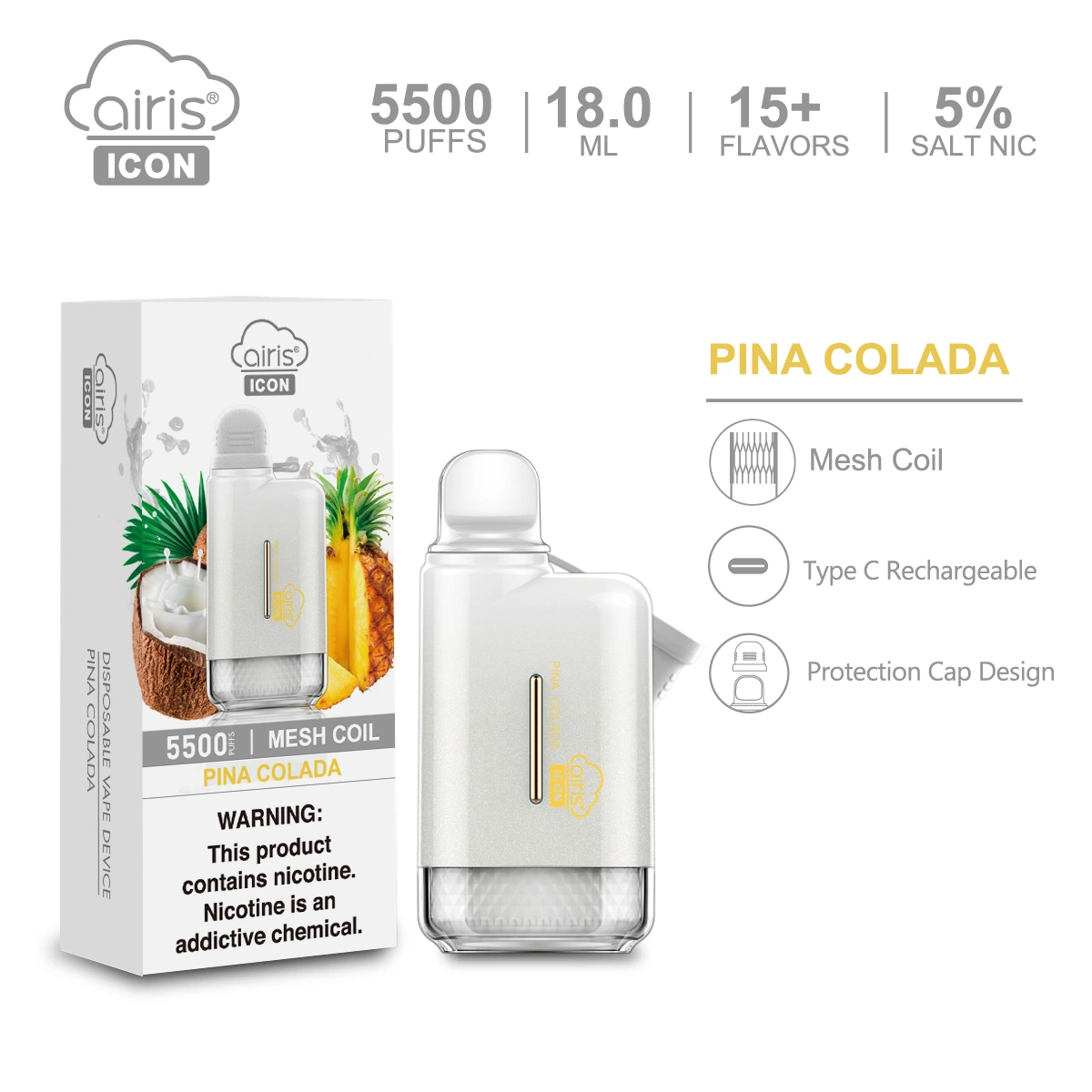 Precio de fábrica del vaporizador icono Airis desechables (5500) de bolitas de Vape desechables Pod mezclas de frutas Mini E-cigarrillo desechable para