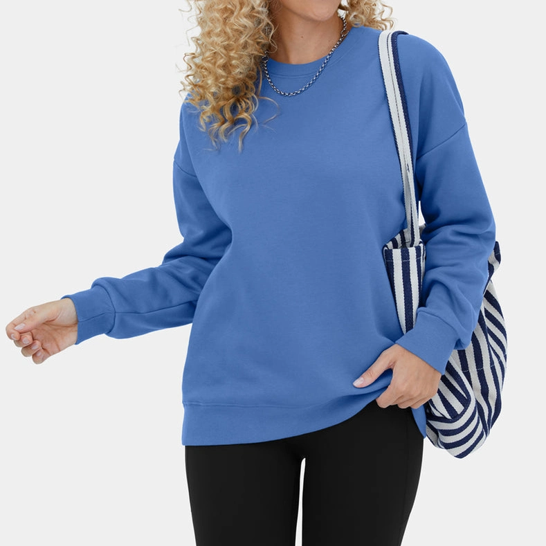 Custom Plain Cotton French Terry Round Neck Dropped Shoulder Fleece Casual Sports Sweatshirt Sweater