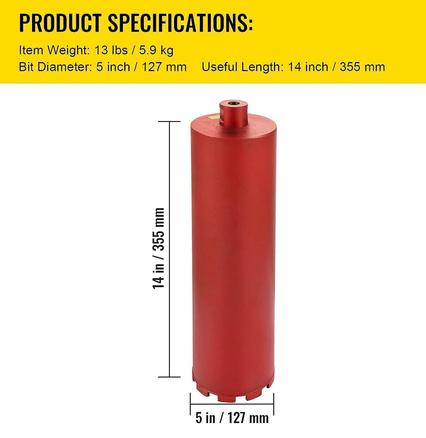 5/8inch-11 Thread Core Bit, 5inch/127mm Diameter Core Drill Bit, Diamond Core Drill, 14inch/355mm Concrete Core Drill Bit